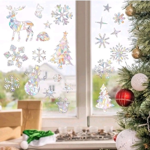 New 26 Colorful Snowflake Christmas Window Clings Sticker Decal Prevent Bird - Picture 7 of 7